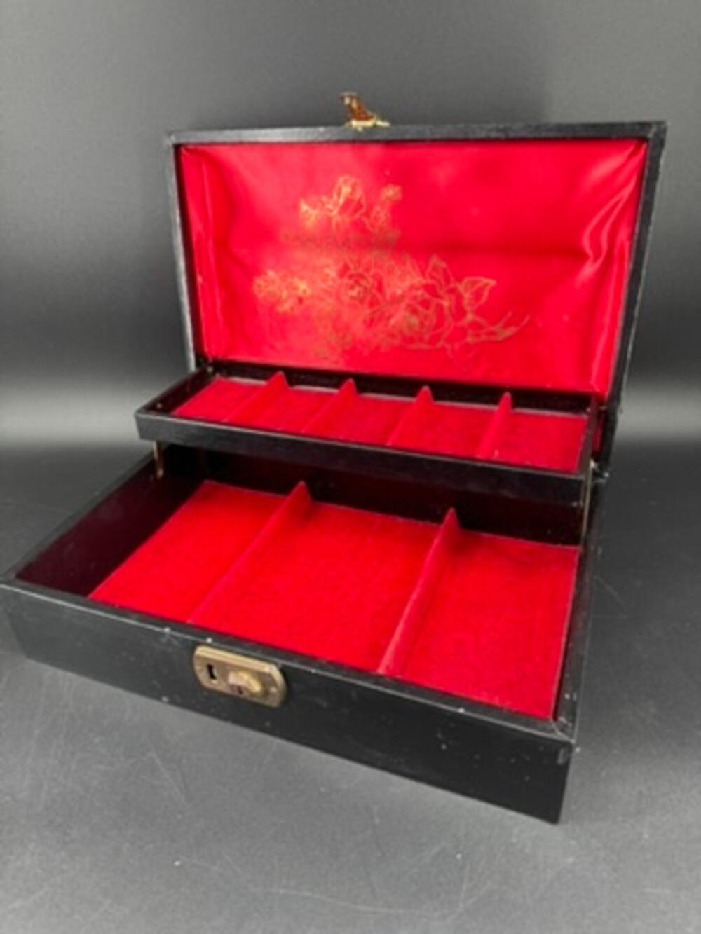 Vintage 1950s Jewelry Box Black Gold Tooled Red Velvet Lift Tray 12.5"